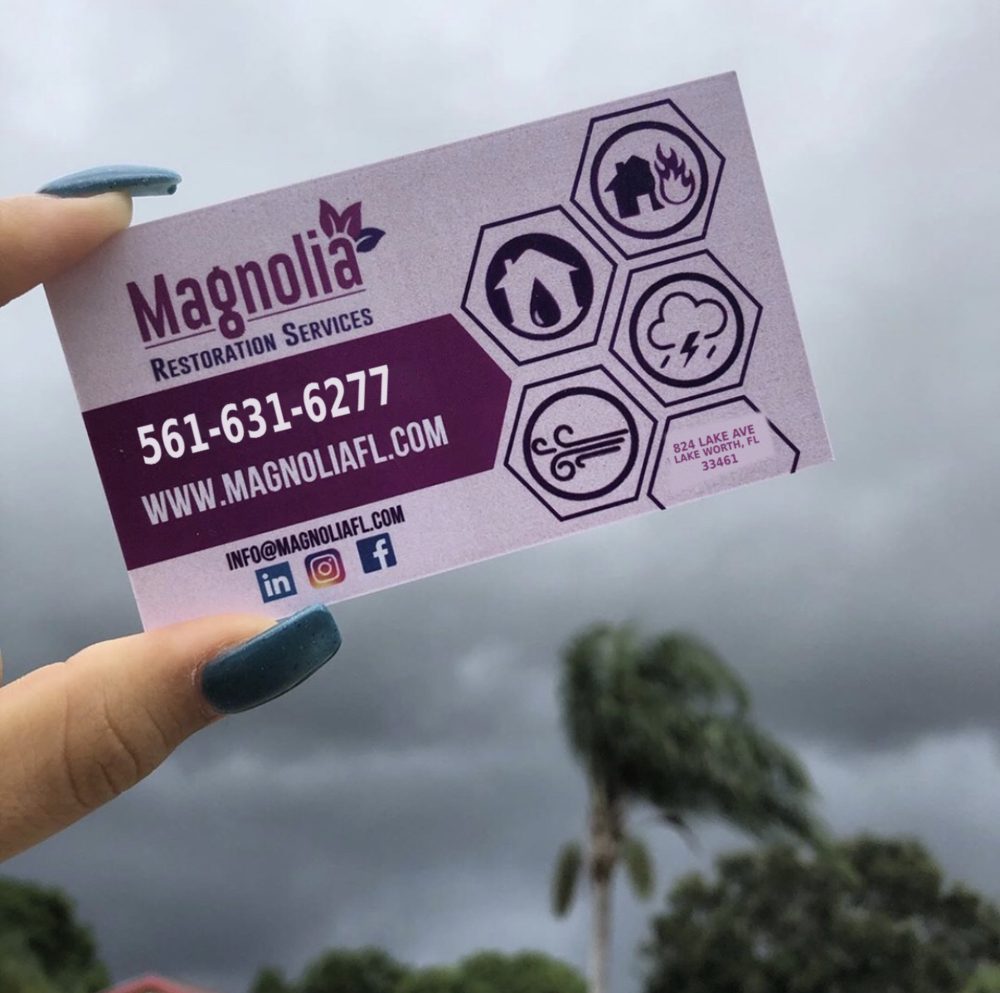 Magnolia Restoration Services business card with phone 561-631-6277