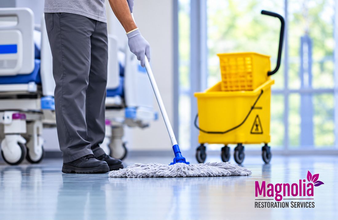 Cleaner mopping the floor of a medical facility