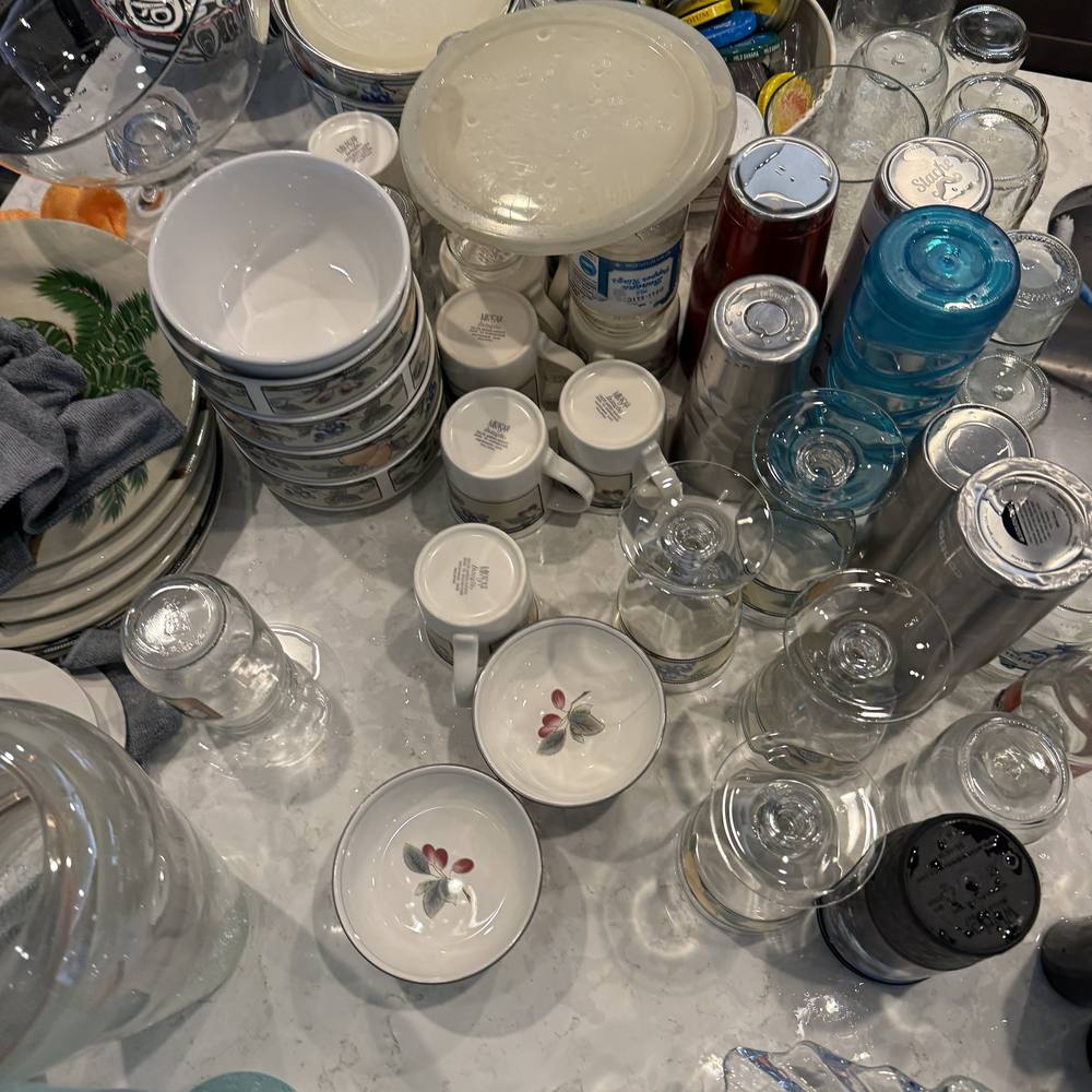 Cleaned dishes, glasses and mugs drying
