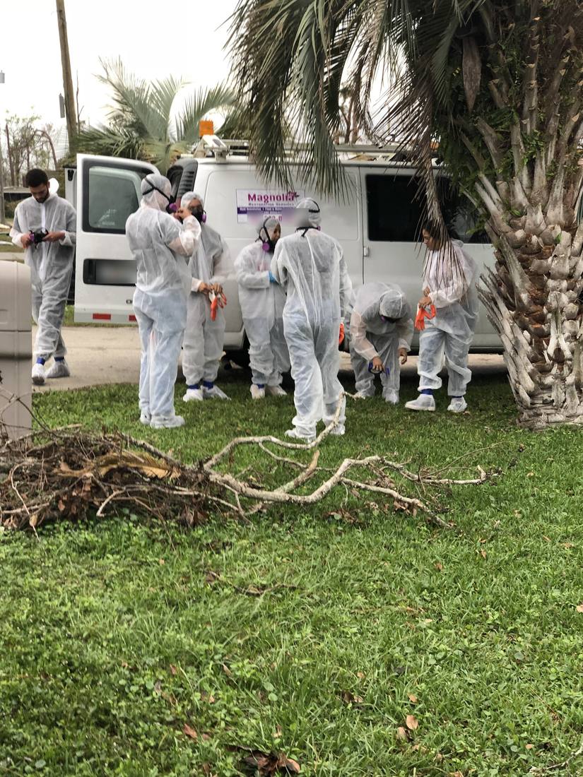 Magnolia crew suiting up in protective gear beside the company van